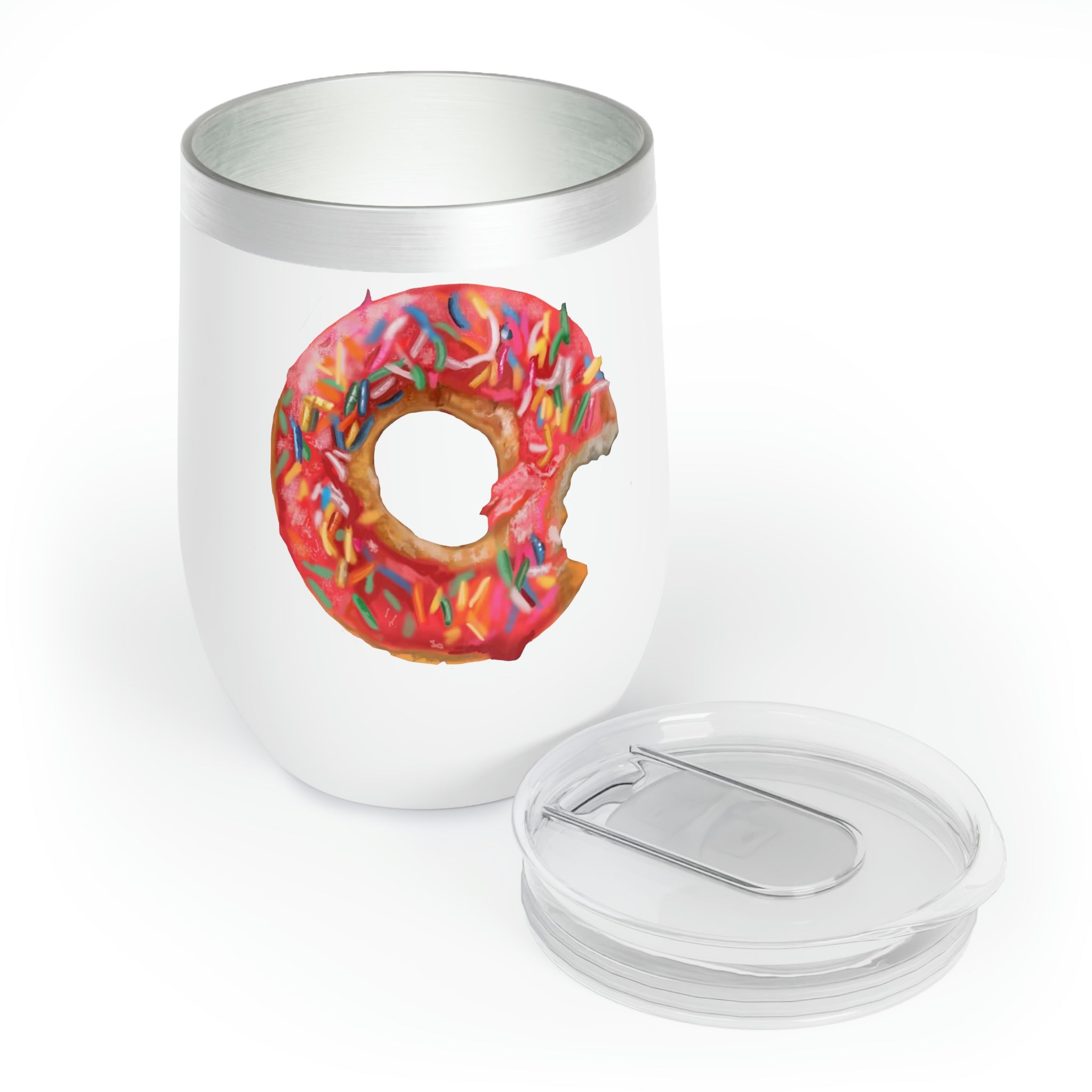 A stylish Donut Chill Wine Tumbler made of stainless steel, featuring a customizable design and double-insulated walls for temperature retention.