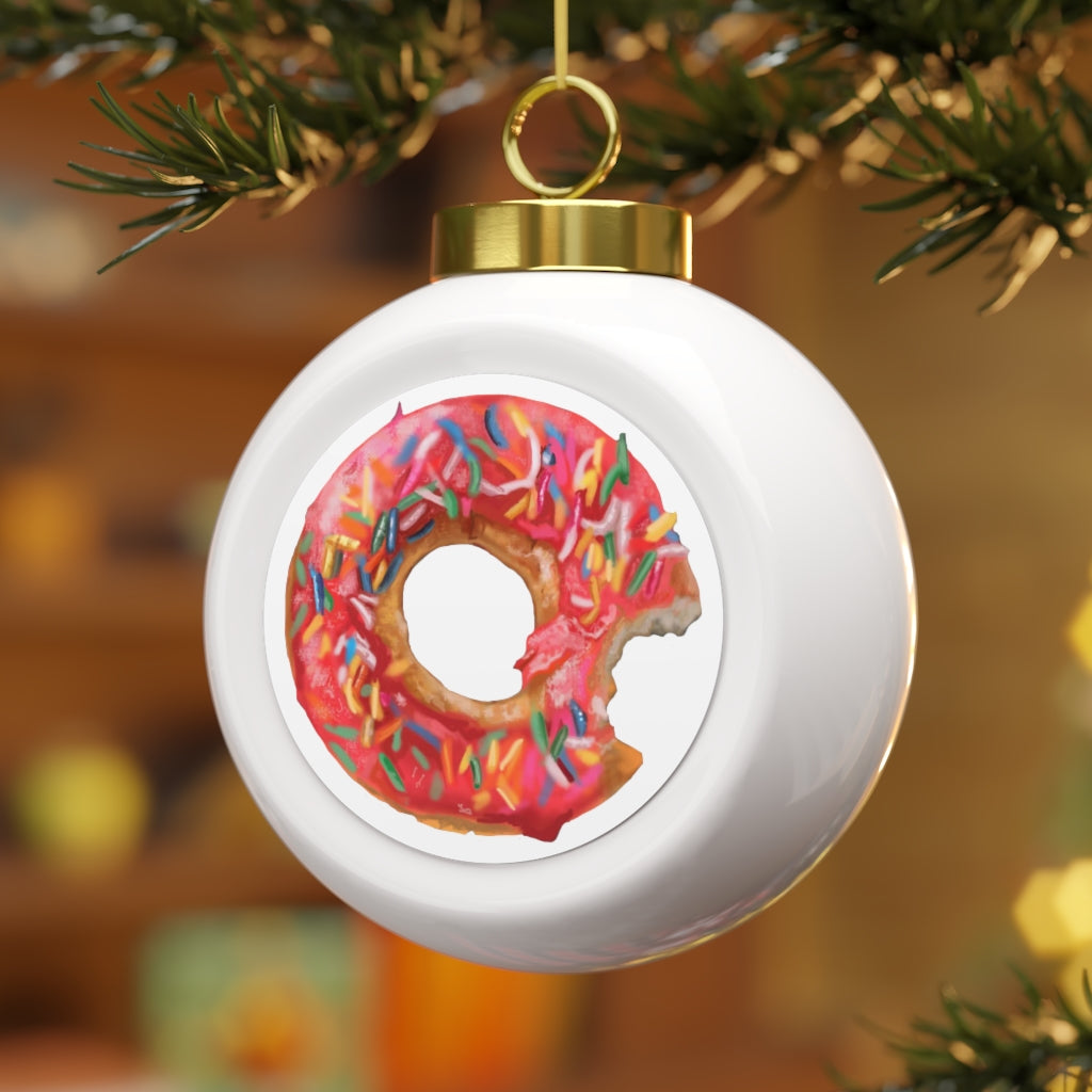 A beautifully crafted 3-inch Donut Christmas Ball Ornament with a glossy finish, featuring a gold ribbon for hanging and a vintage design.