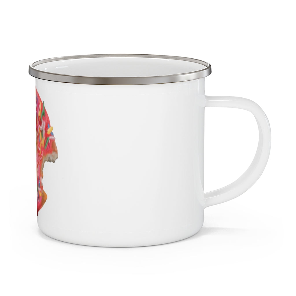 A stylish Donut Enamel Camping Mug with a colorful design, perfect for outdoor adventures and personalized printing.