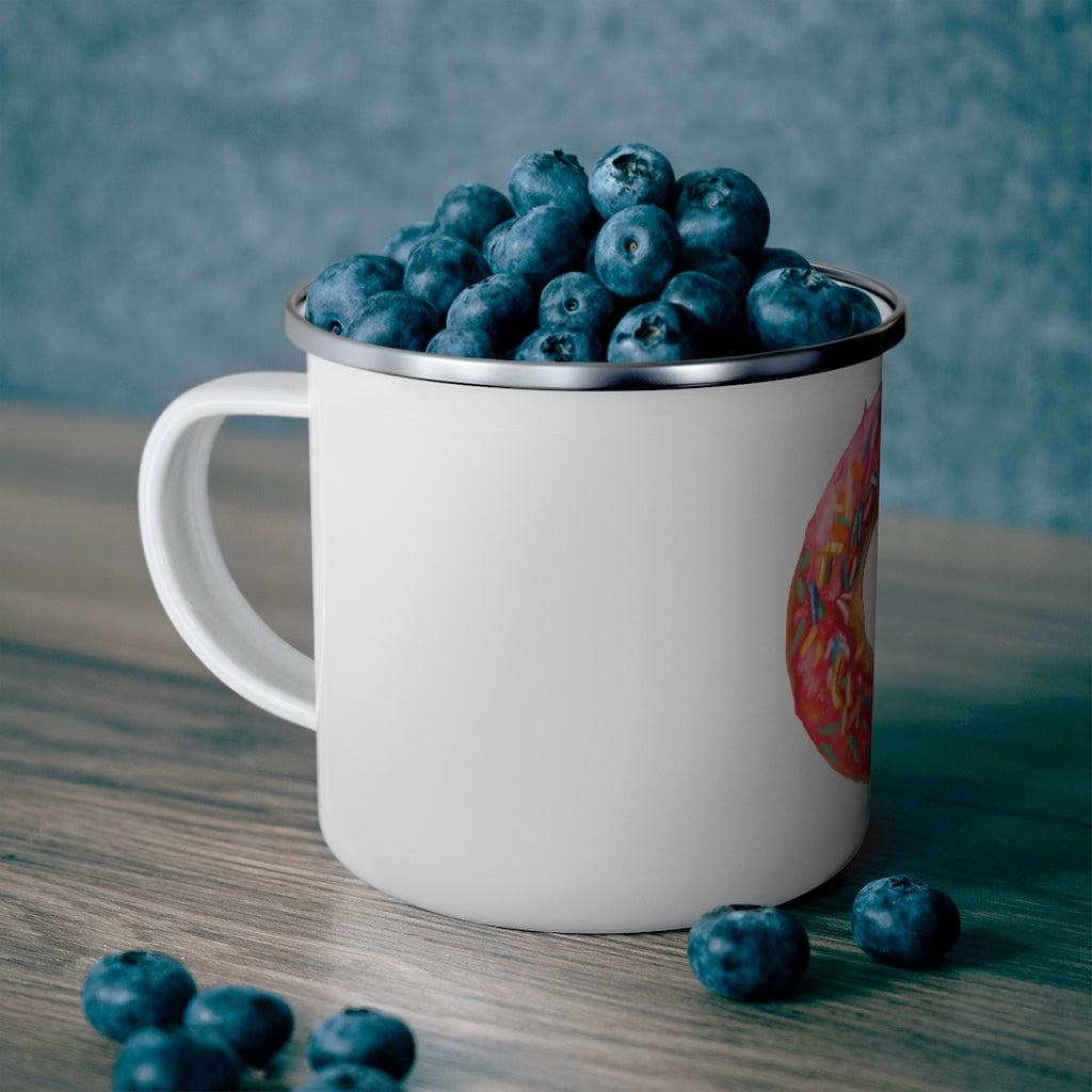 A stylish Donut Enamel Camping Mug with a colorful design, perfect for outdoor adventures and personalized printing.