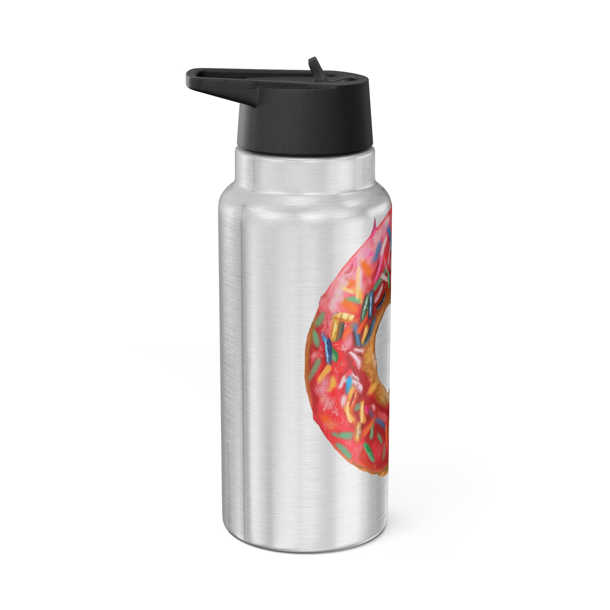 Donut Gator Tumbler in stainless steel with a black cap and straw, showcasing a customizable design.