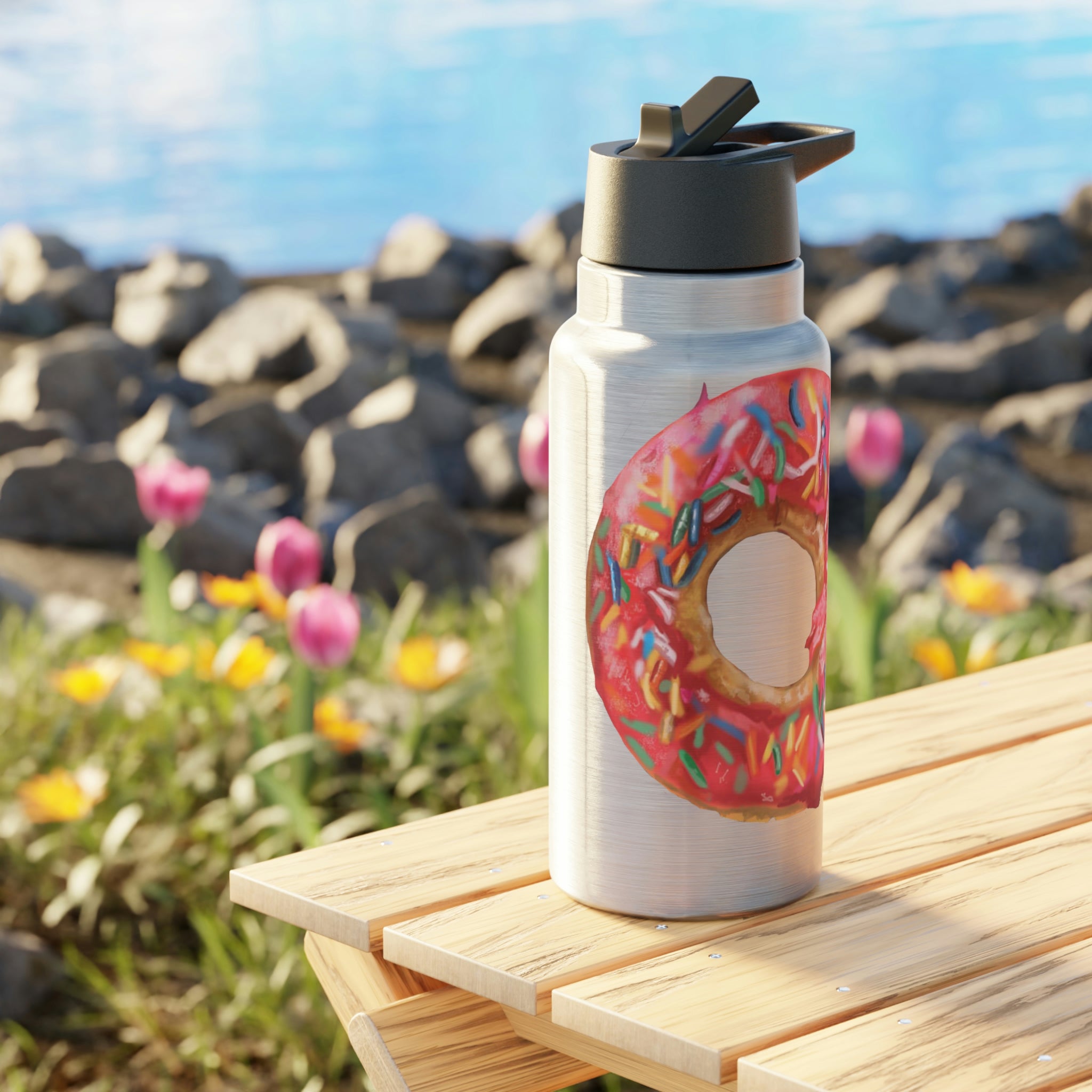 Donut Gator Tumbler in stainless steel with a black cap and straw, showcasing a customizable design.