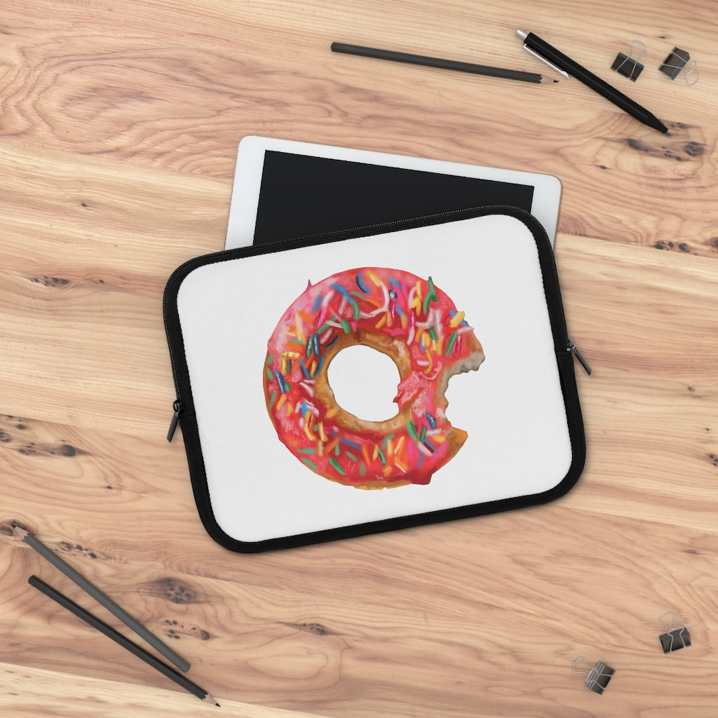 A stylish donut-themed laptop sleeve with a black polyester back, featuring dual zippers and water-resistant neoprene material.