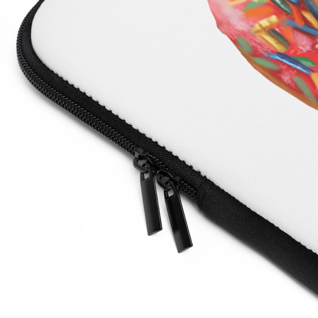 A stylish donut-themed laptop sleeve with a black polyester back, featuring dual zippers and water-resistant neoprene material.