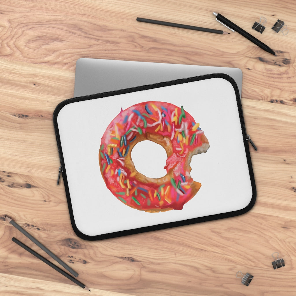 A stylish donut-themed laptop sleeve with a black polyester back, featuring dual zippers and water-resistant neoprene material.