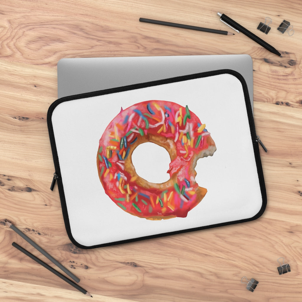 A stylish donut-themed laptop sleeve with a black polyester back, featuring dual zippers and water-resistant neoprene material.