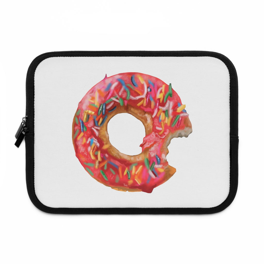 A stylish donut-themed laptop sleeve with a black polyester back, featuring dual zippers and water-resistant neoprene material.