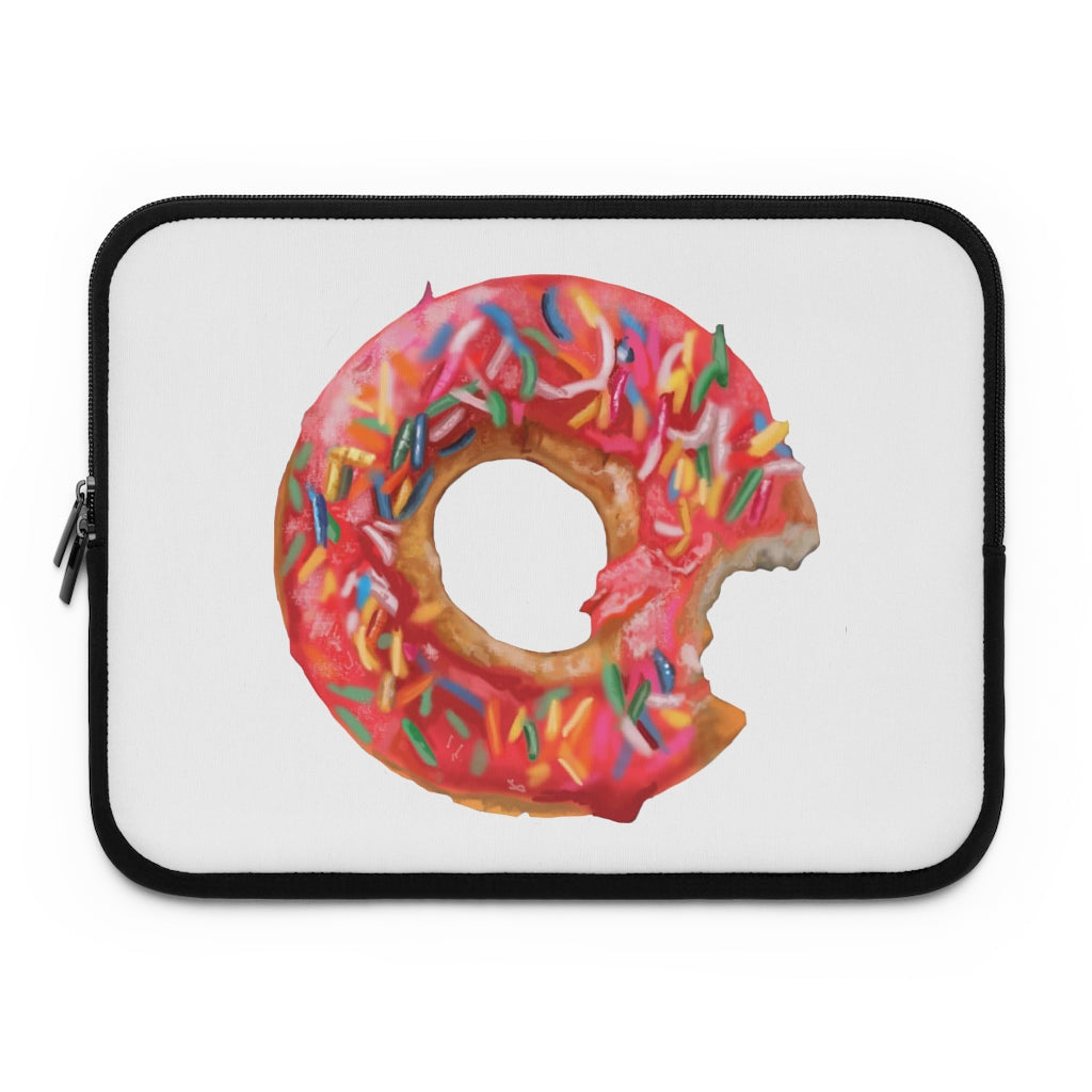 A stylish donut-themed laptop sleeve with a black polyester back, featuring dual zippers and water-resistant neoprene material.