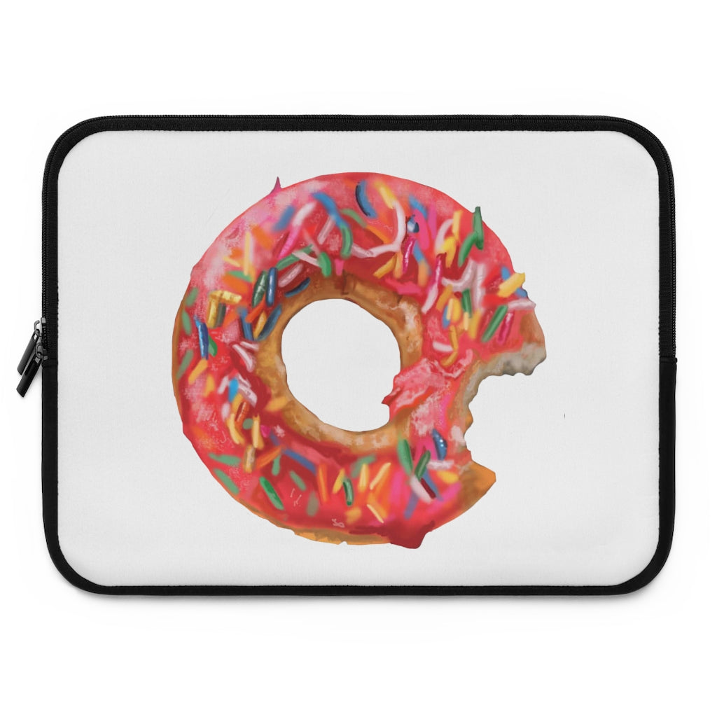 A stylish donut-themed laptop sleeve with a black polyester back, featuring dual zippers and water-resistant neoprene material.