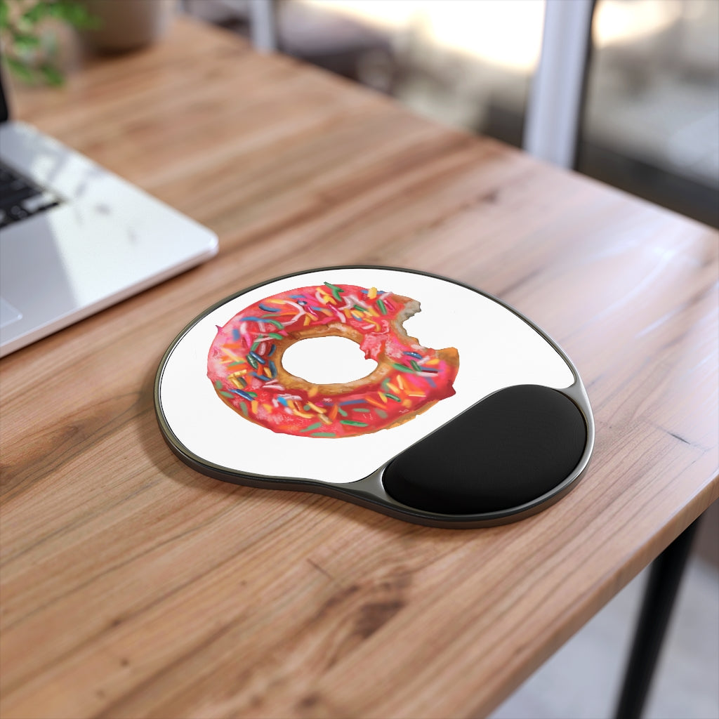 Donut-shaped mouse pad with ergonomic Memory Foam wrist rest and customizable neoprene insert, featuring a semi-opaque black plastic base.