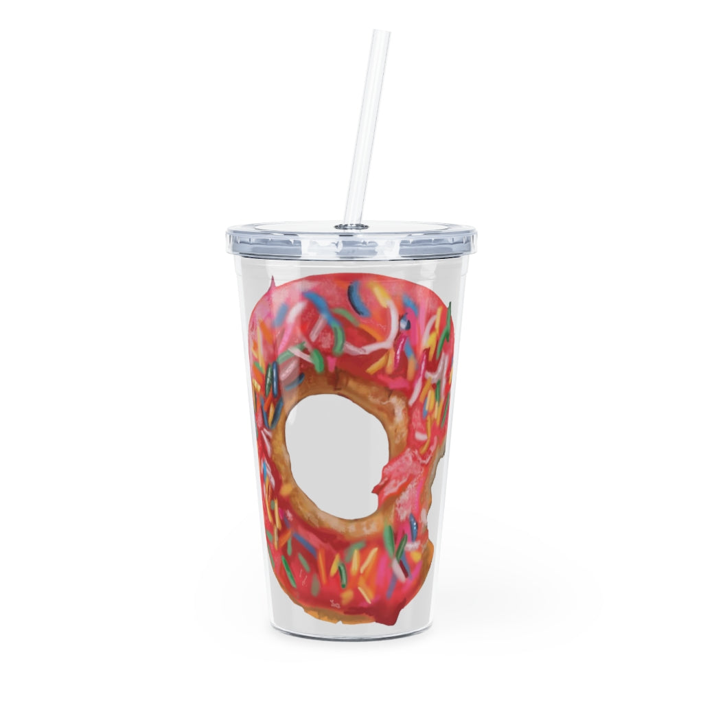 Colorful Donut Plastic Tumbler with Straw, featuring a lid and customizable design, perfect for parties and events.