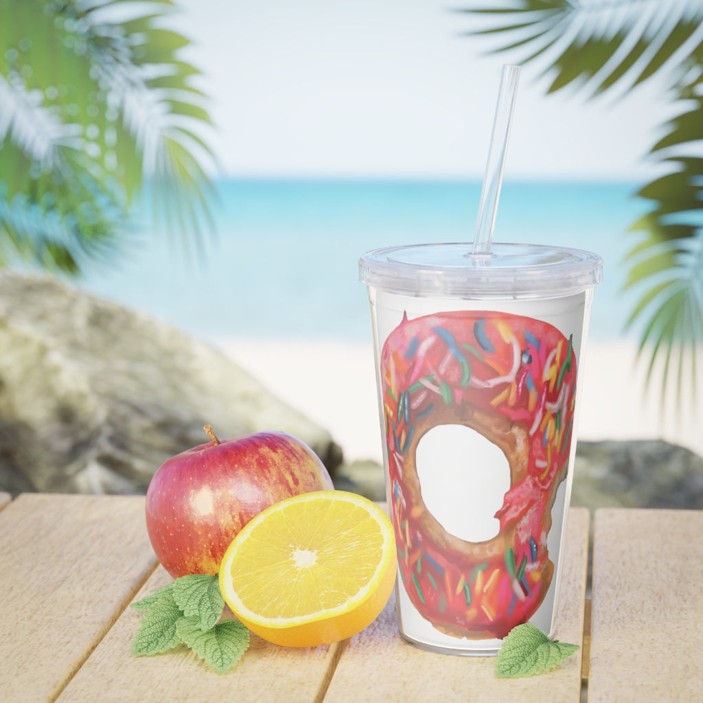 Colorful Donut Plastic Tumbler with Straw, featuring a lid and customizable design, perfect for parties and events.