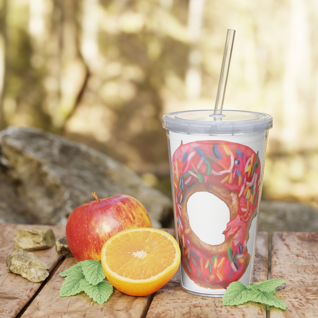 Colorful Donut Plastic Tumbler with Straw, featuring a lid and customizable design, perfect for parties and events.