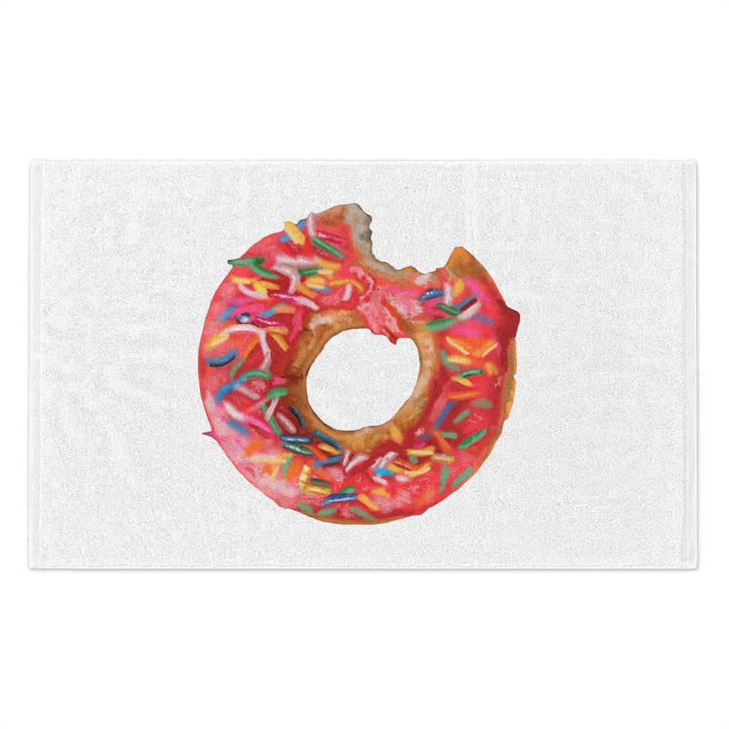 Donut Rally Towel measuring 11x18 inches, featuring a soft printed mink polyester front and absorbent cotton loop backing.