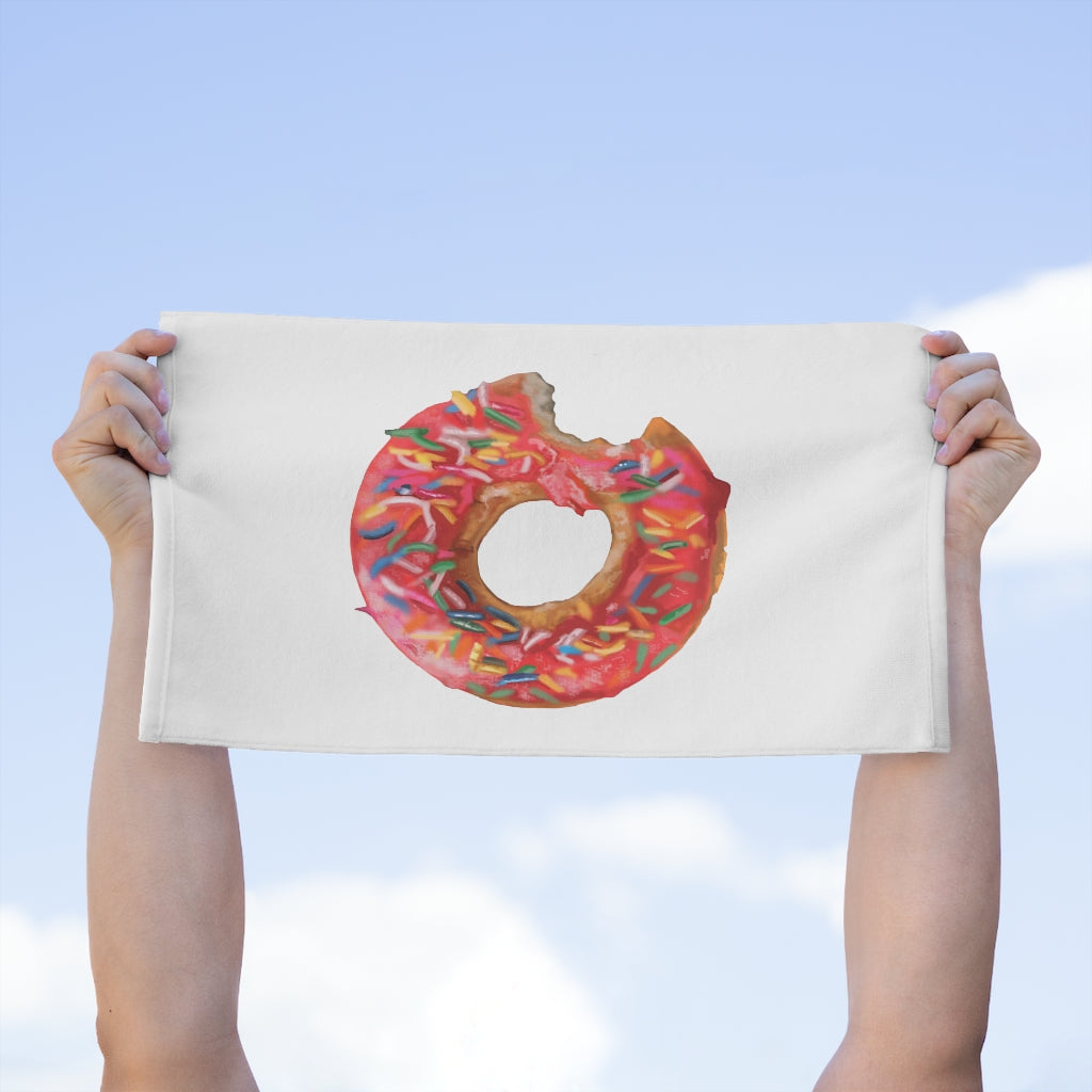 Donut Rally Towel measuring 11x18 inches, featuring a soft printed mink polyester front and absorbent cotton loop backing.