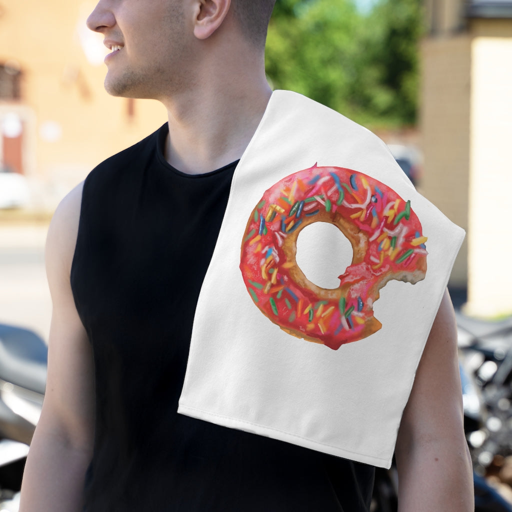 Donut Rally Towel measuring 11x18 inches, featuring a soft printed mink polyester front and absorbent cotton loop backing.