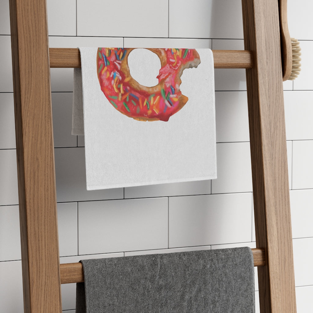 Donut Rally Towel measuring 11x18 inches, featuring a soft printed mink polyester front and absorbent cotton loop backing.