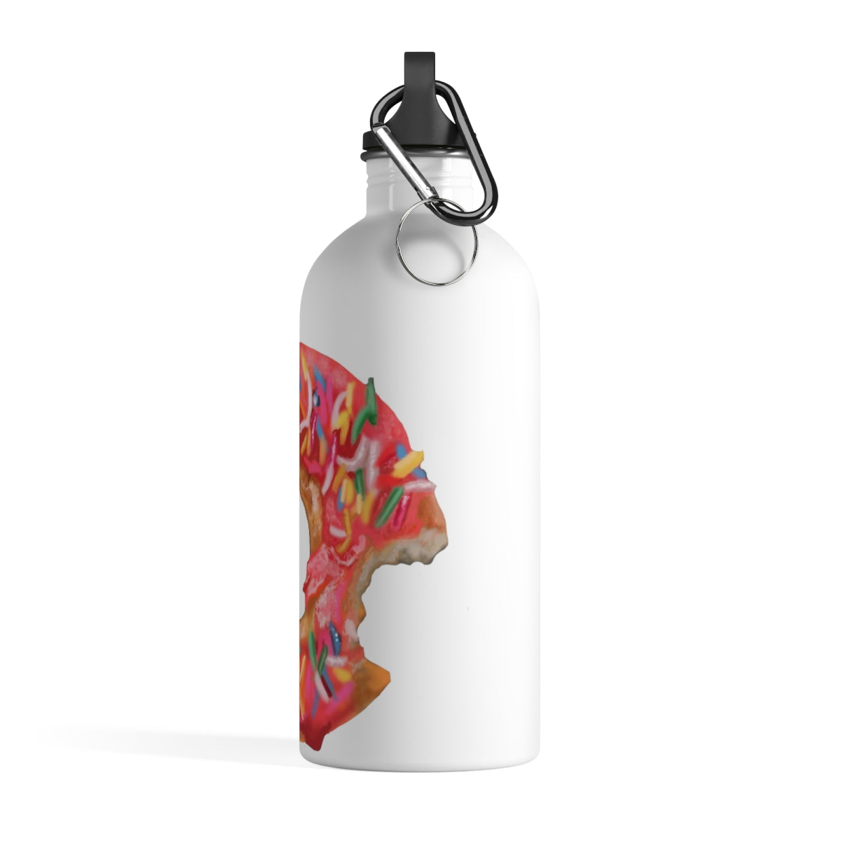 Donut Stainless Steel Water Bottle with a colorful print and plastic screw top, featuring a carabiner and keychain ring.