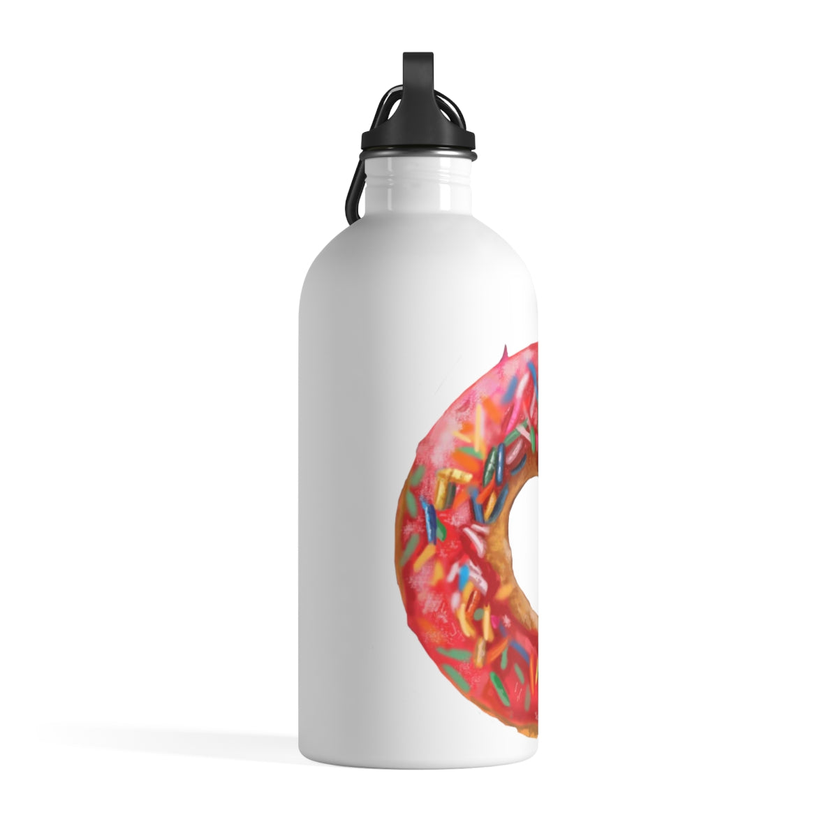 Donut Stainless Steel Water Bottle with a colorful print and plastic screw top, featuring a carabiner and keychain ring.