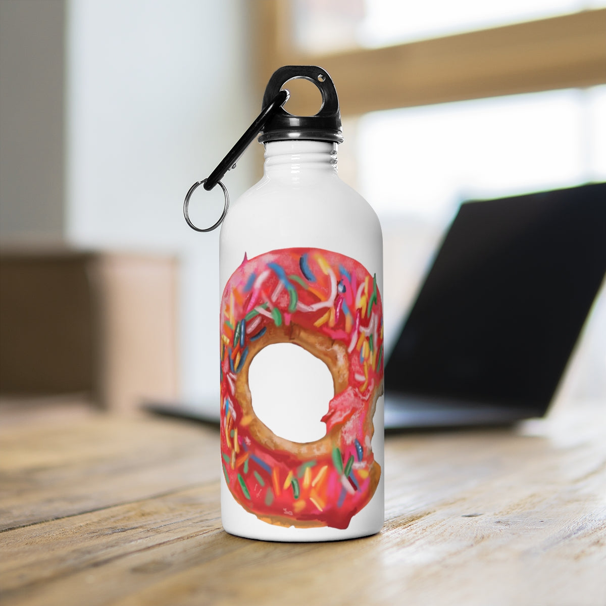 Donut Stainless Steel Water Bottle with a colorful print and plastic screw top, featuring a carabiner and keychain ring.