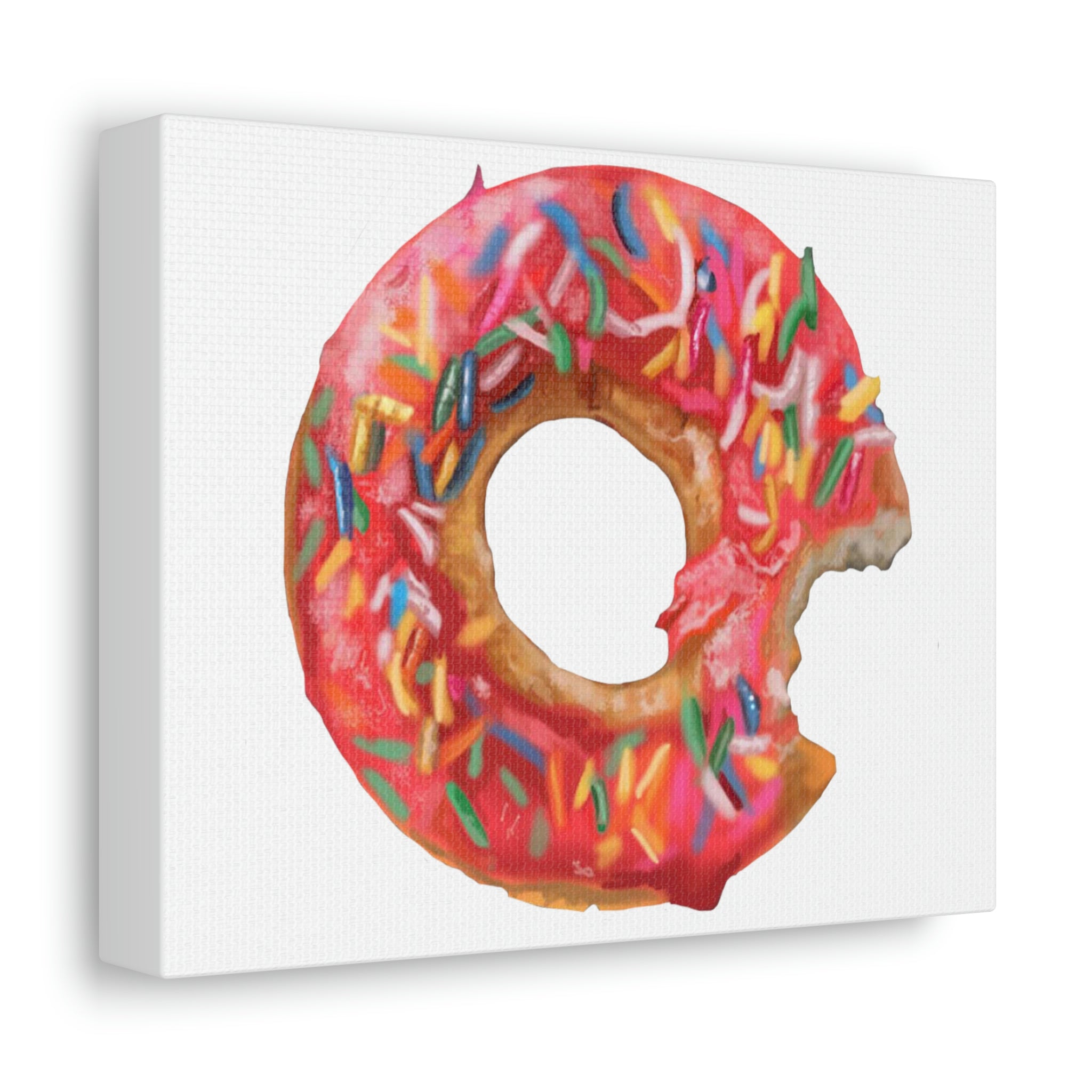 A vibrant Donut Stretched Canvas artwork featuring a colorful donut design, elegantly stretched over a wooden frame, perfect for indoor decor.