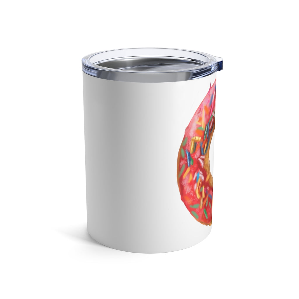 A stylish 10oz stainless steel Donut Tumbler with a see-thru plastic lid, perfect for hot and cold beverages.