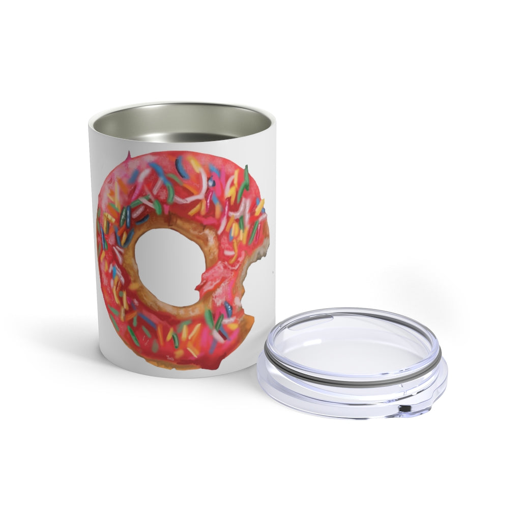 A stylish 10oz stainless steel Donut Tumbler with a see-thru plastic lid, perfect for hot and cold beverages.