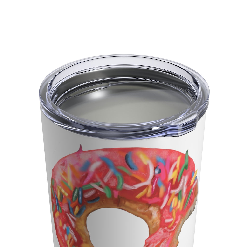 A stylish 10oz stainless steel Donut Tumbler with a see-thru plastic lid, perfect for hot and cold beverages.