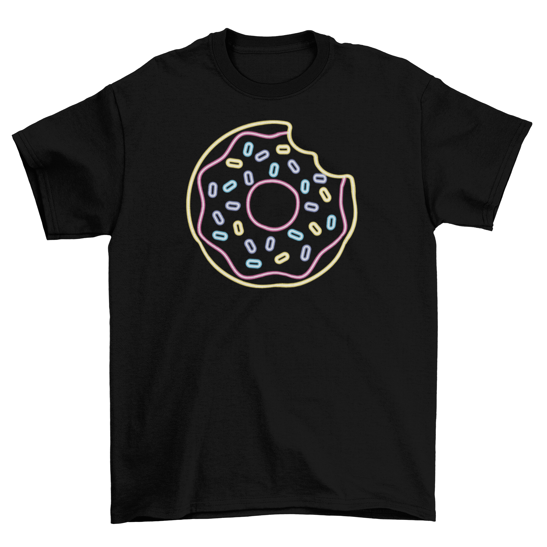 A vibrant neon t-shirt featuring a colorful donut with sprinkles, perfect for casual wear.