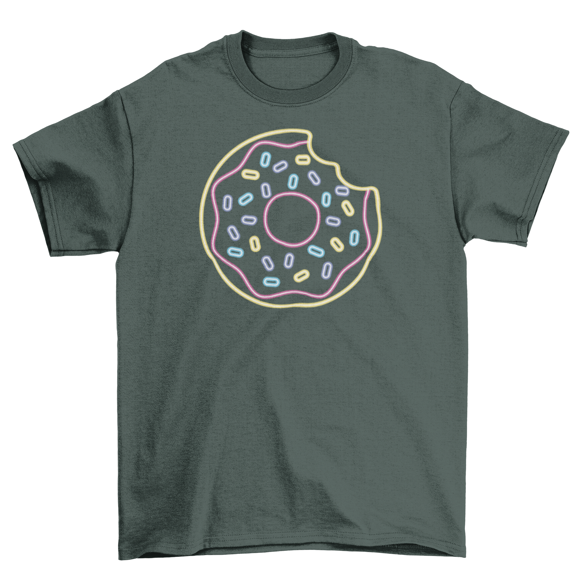 A vibrant neon t-shirt featuring a colorful donut with sprinkles, perfect for casual wear.