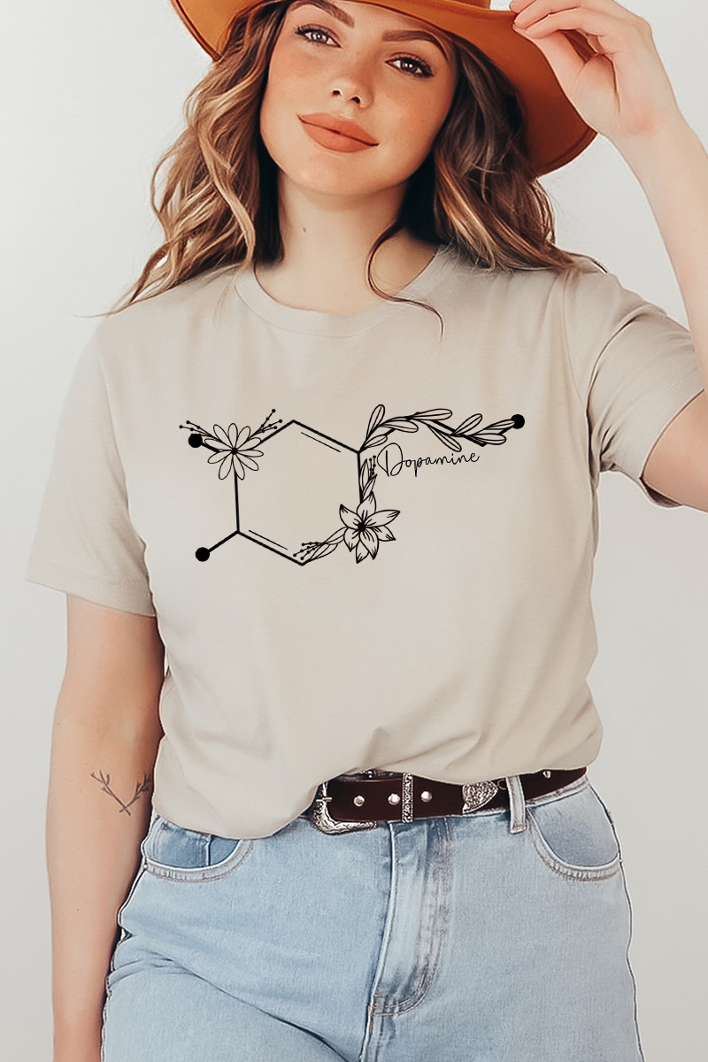 Dopamine T-shirt made of premium ring spun cotton with vibrant flex print design, available in various sizes.