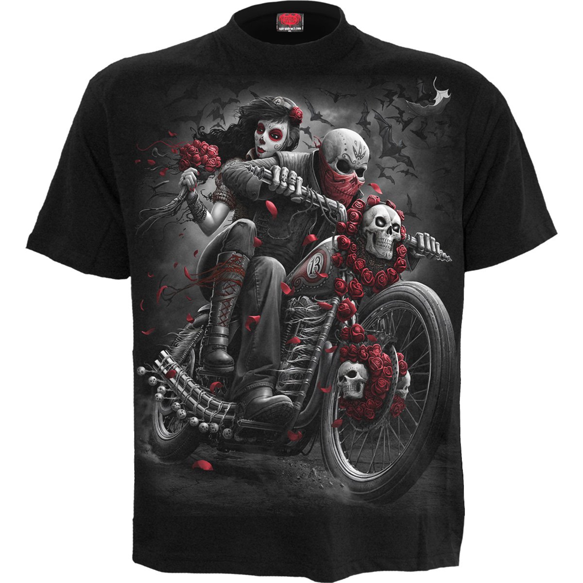 Black DOTD BIKERS T-Shirt featuring a Day of the Dead bride on a motorcycle, made from 100% cotton.