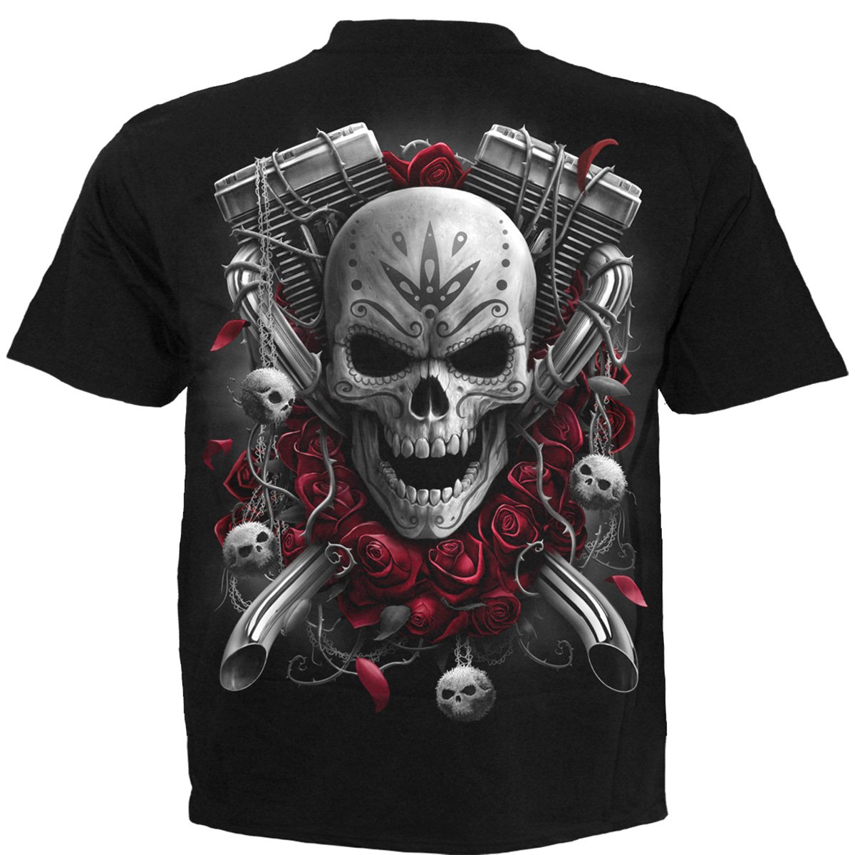 Black DOTD BIKERS T-Shirt featuring a Day of the Dead bride on a motorcycle, made from 100% cotton.