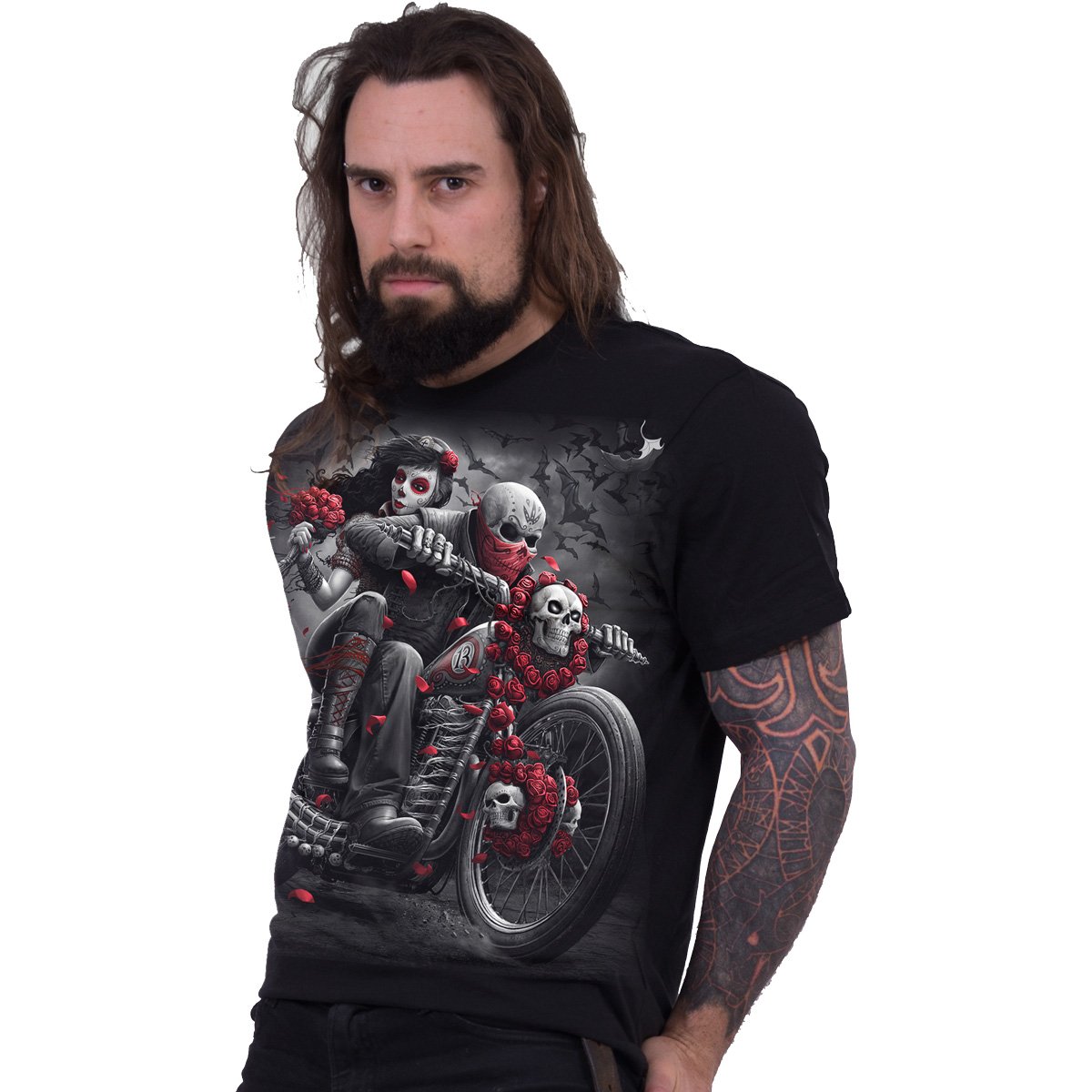 Black DOTD BIKERS T-Shirt featuring a Day of the Dead bride on a motorcycle, made from 100% cotton.