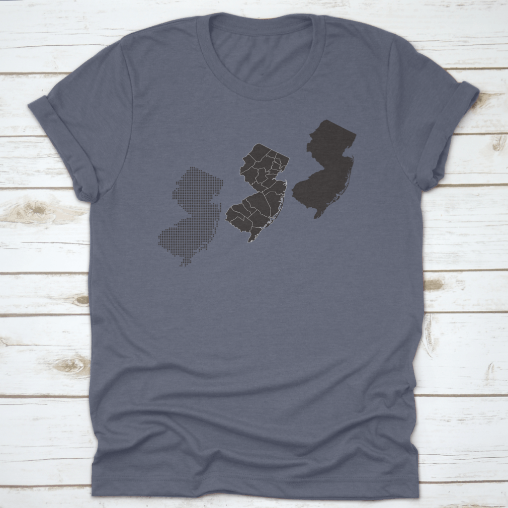 Dotted and silhouette design of New Jersey map on a comfortable cotton shirt, showcasing a stylish travel theme.