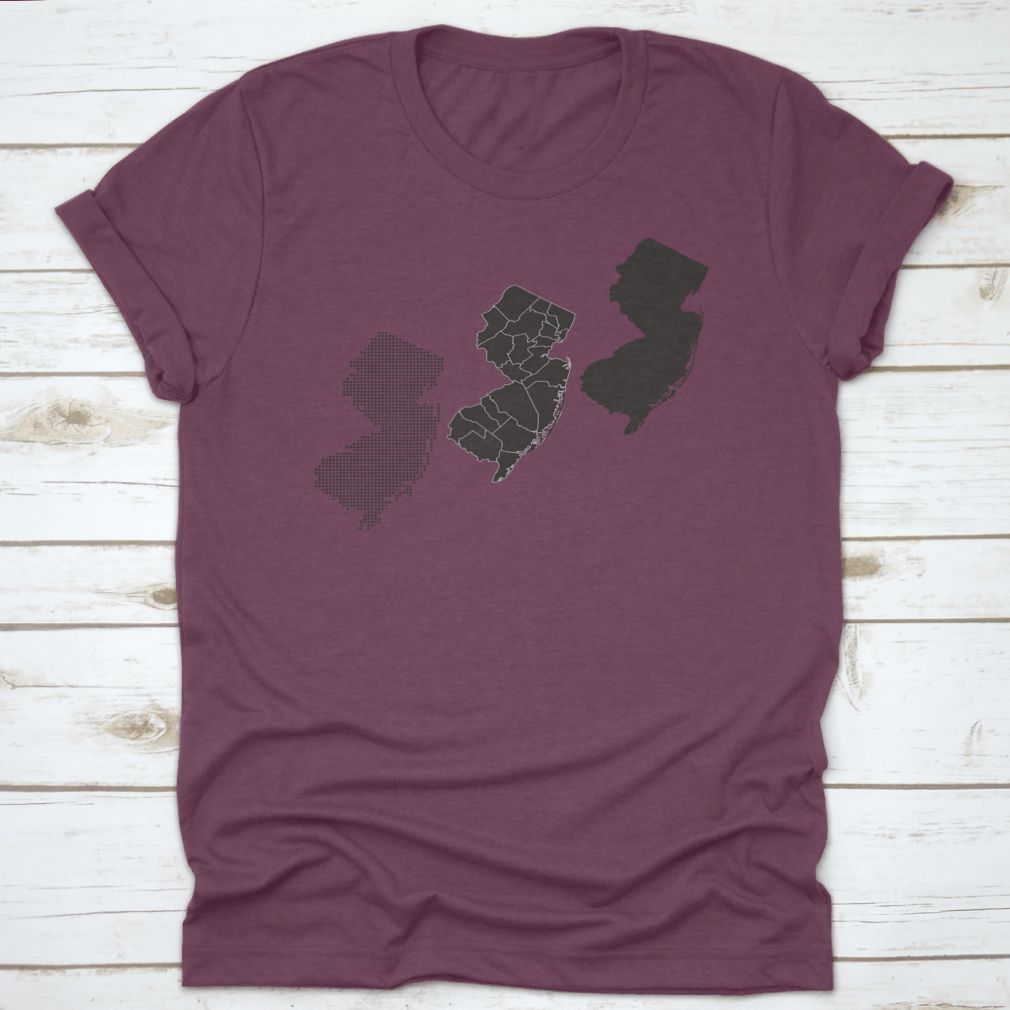 Dotted and silhouette design of New Jersey map on a comfortable cotton shirt, showcasing a stylish travel theme.