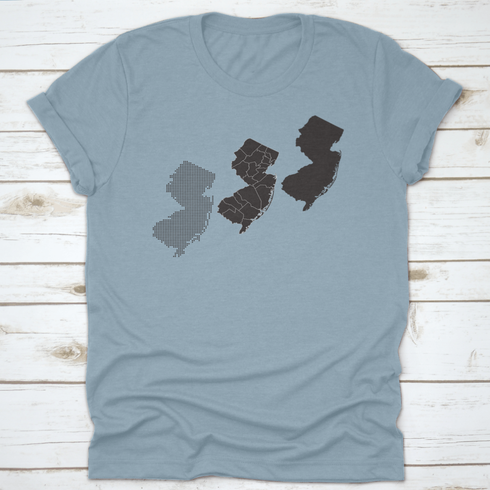 Dotted and silhouette design of New Jersey map on a comfortable cotton shirt, showcasing a stylish travel theme.