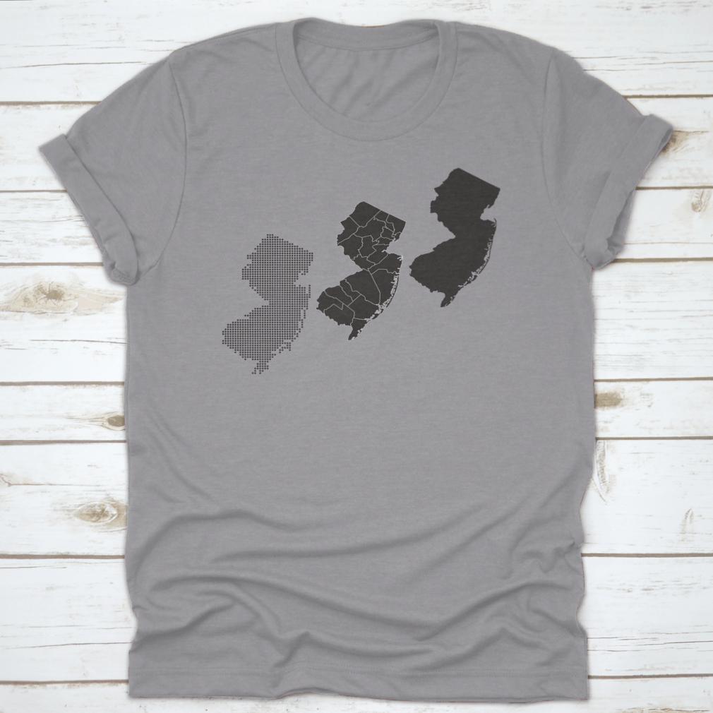 Dotted and silhouette design of New Jersey map on a comfortable cotton shirt, showcasing a stylish travel theme.