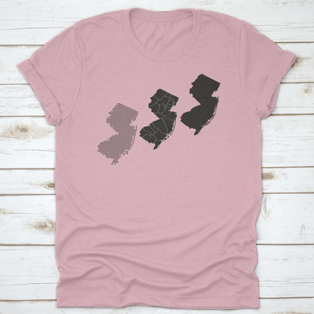 Dotted and silhouette design of New Jersey map on a comfortable cotton shirt, showcasing a stylish travel theme.