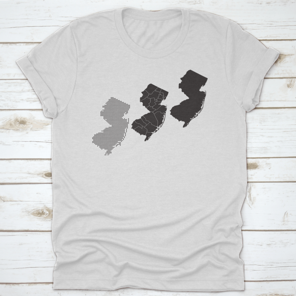 Dotted and silhouette design of New Jersey map on a comfortable cotton shirt, showcasing a stylish travel theme.