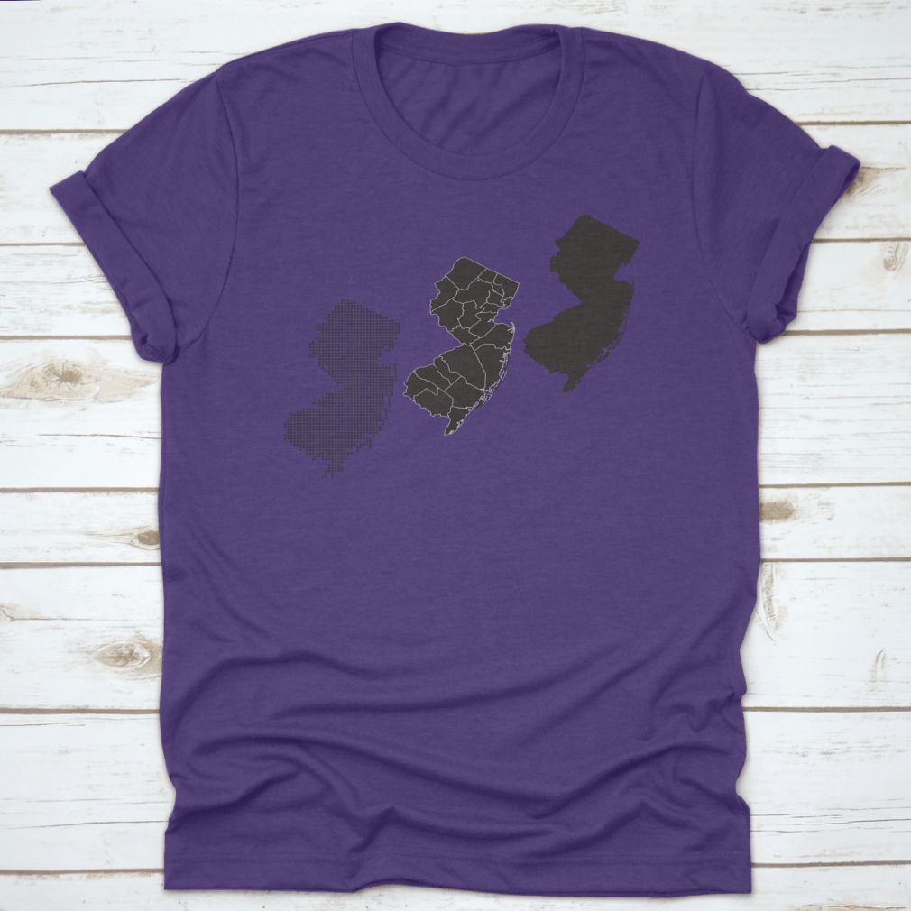 Dotted and silhouette design of New Jersey map on a comfortable cotton shirt, showcasing a stylish travel theme.