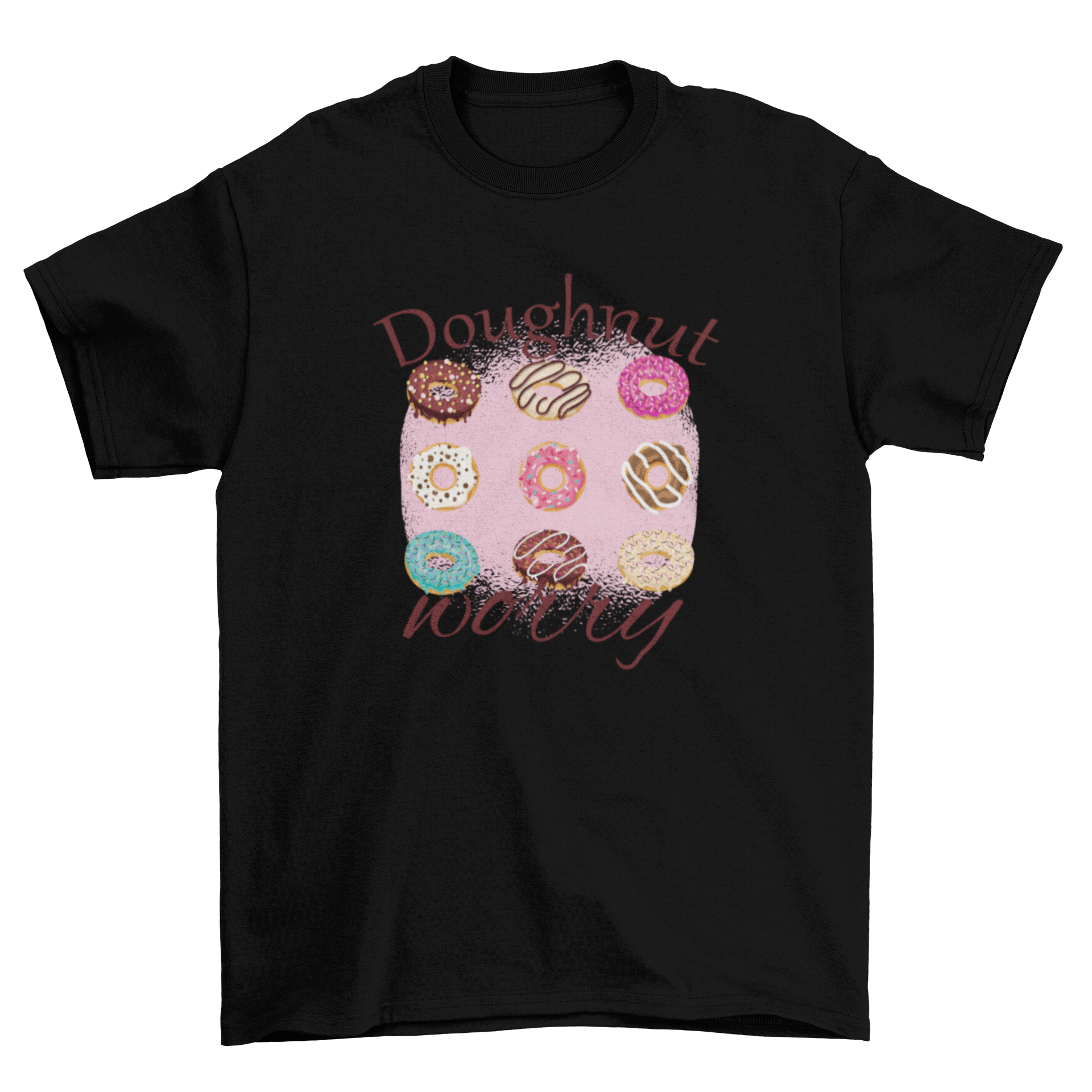 A colorful t-shirt design featuring various donuts with the phrase 'Doughnut Worry' in a playful font.