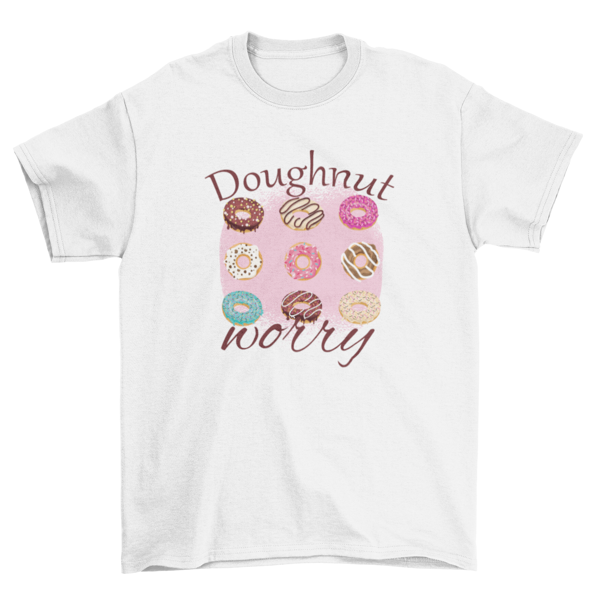 A colorful t-shirt design featuring various donuts with the phrase 'Doughnut Worry' in a playful font.