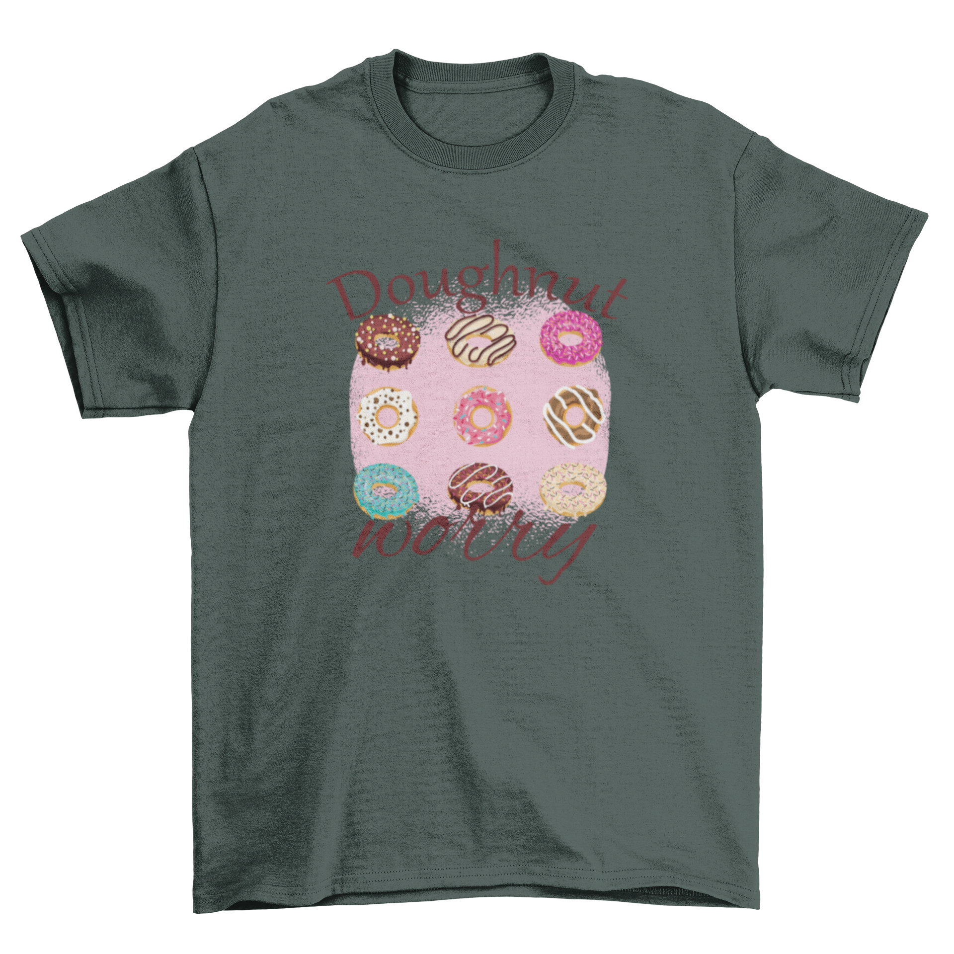 A colorful t-shirt design featuring various donuts with the phrase 'Doughnut Worry' in a playful font.