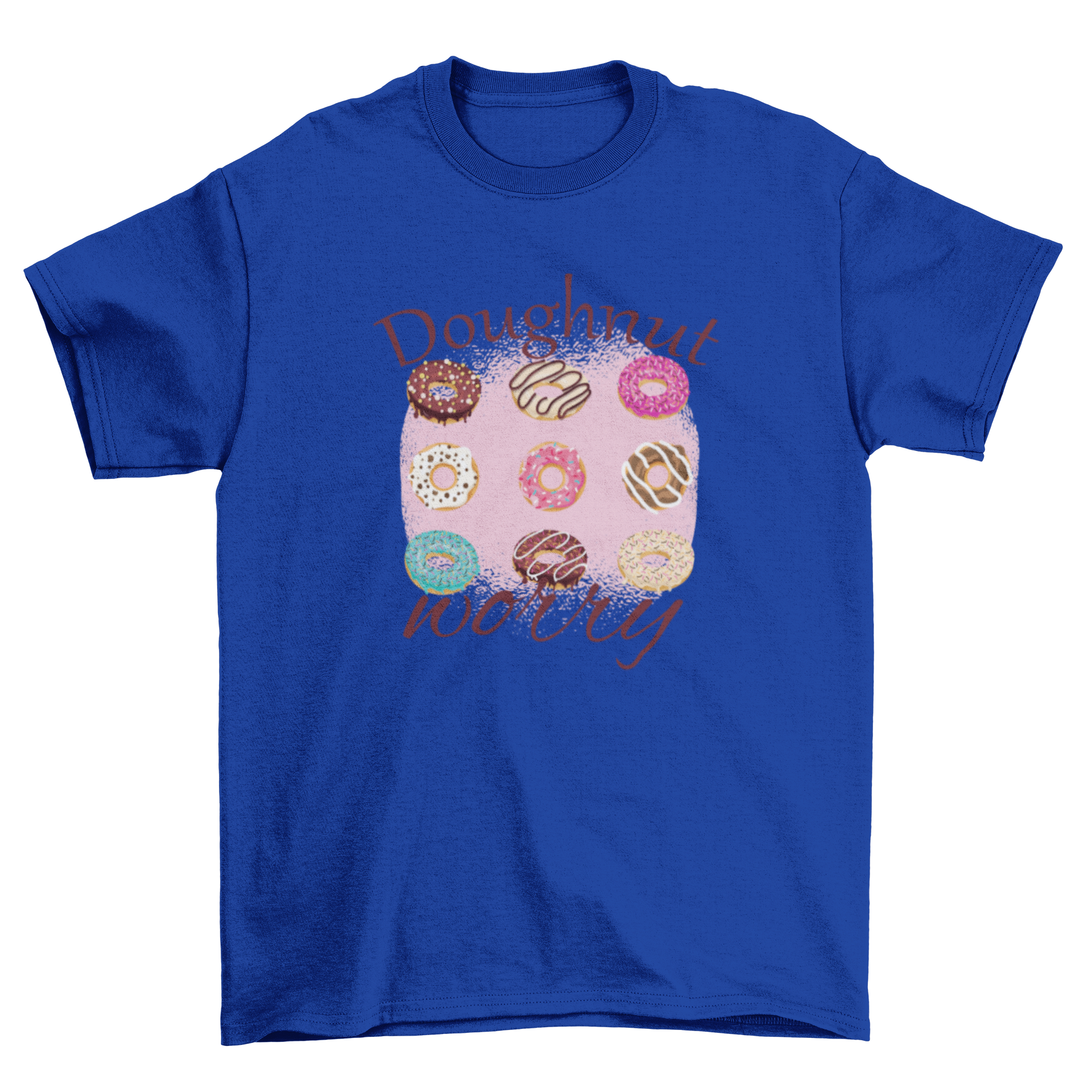 A colorful t-shirt design featuring various donuts with the phrase 'Doughnut Worry' in a playful font.