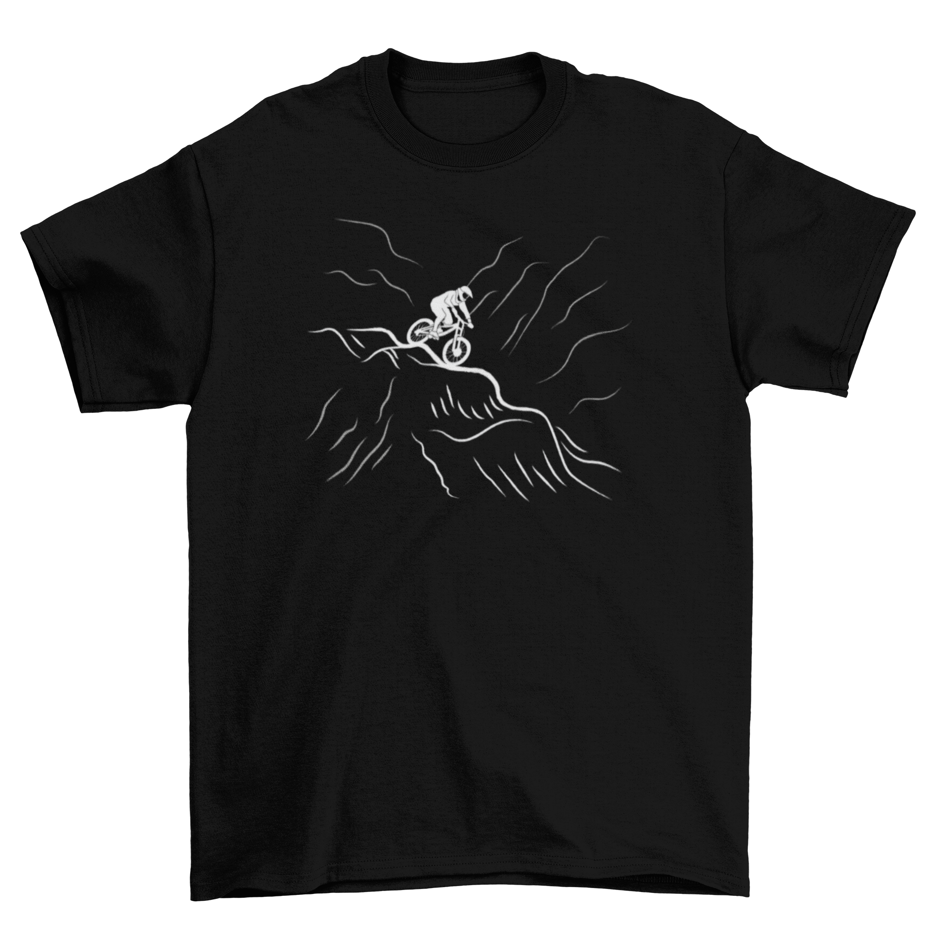 A stylish downhill bike t-shirt featuring a mountain biker riding down a road, perfect for biking enthusiasts.