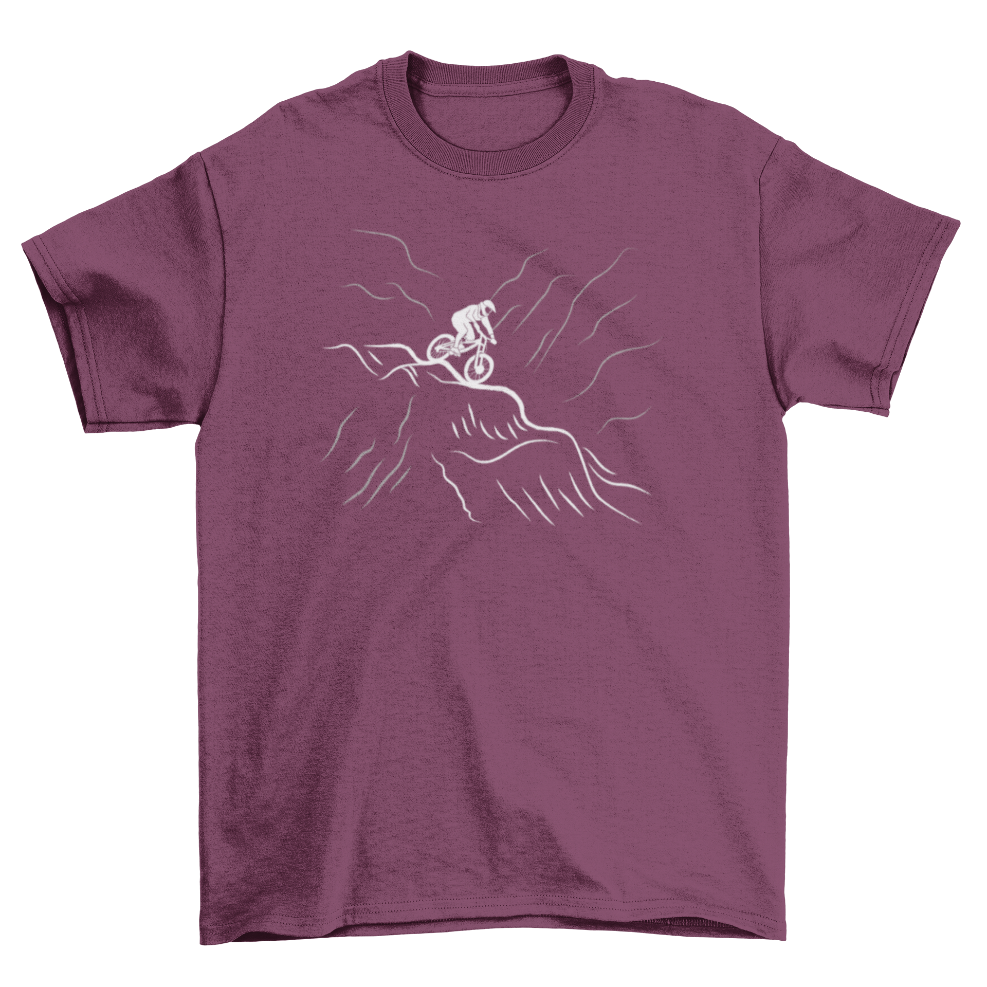 A stylish downhill bike t-shirt featuring a mountain biker riding down a road, perfect for biking enthusiasts.