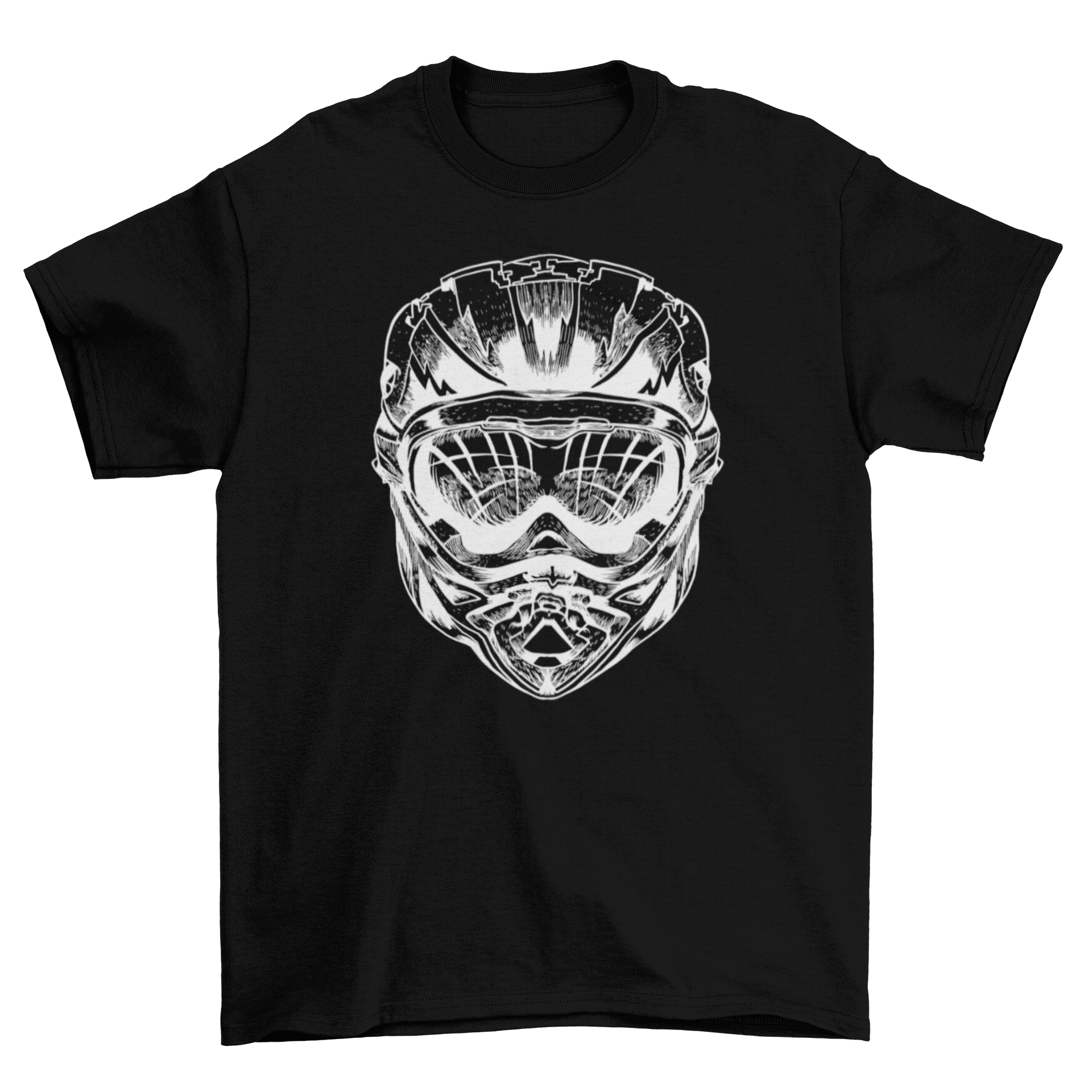 A stylish t-shirt featuring a graphic of a head wearing a full-face helmet and goggles, perfect for downhill biking enthusiasts.