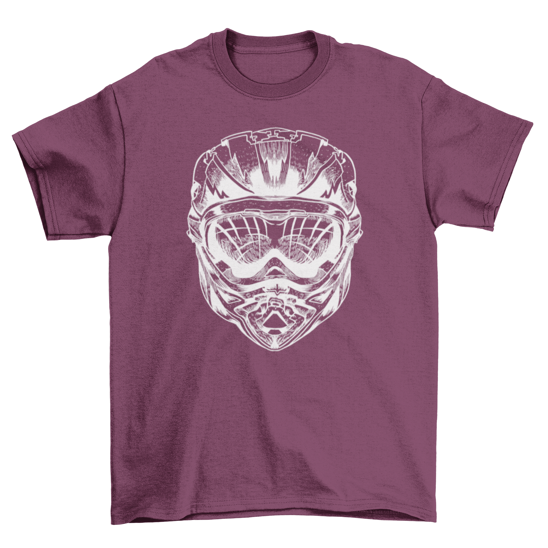 A stylish t-shirt featuring a graphic of a head wearing a full-face helmet and goggles, perfect for downhill biking enthusiasts.