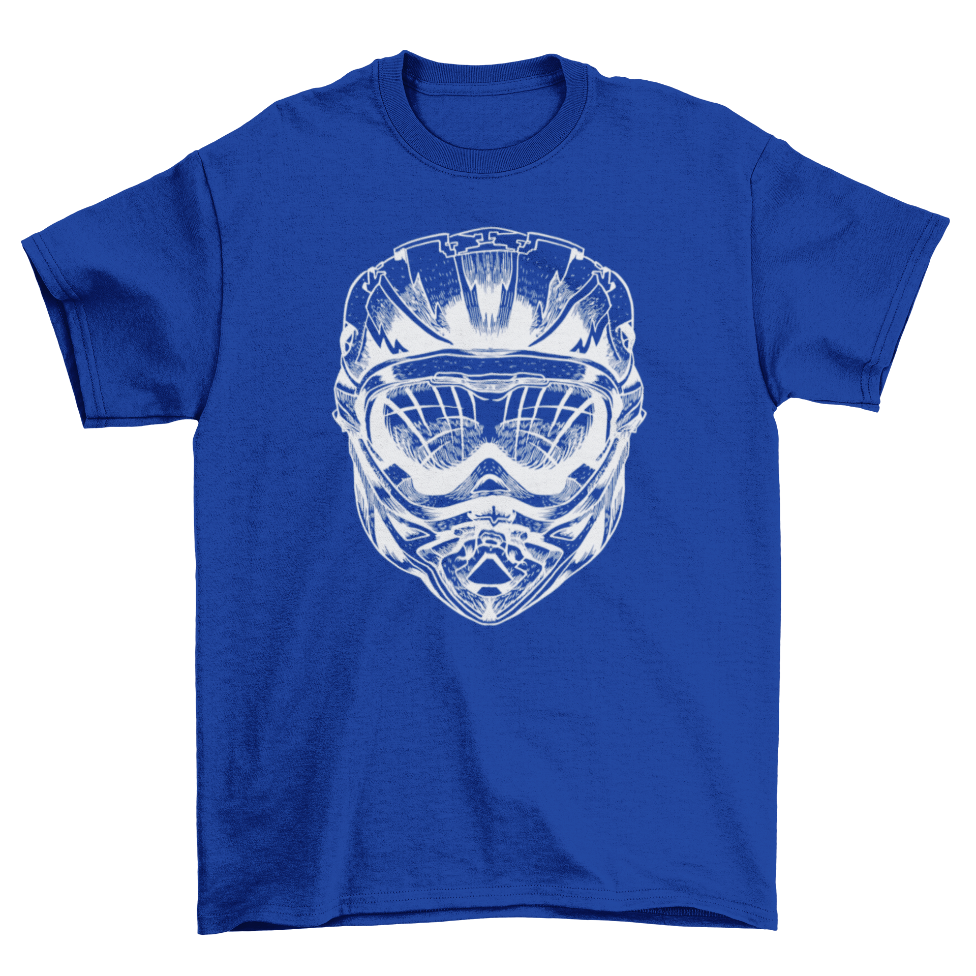 A stylish t-shirt featuring a graphic of a head wearing a full-face helmet and goggles, perfect for downhill biking enthusiasts.